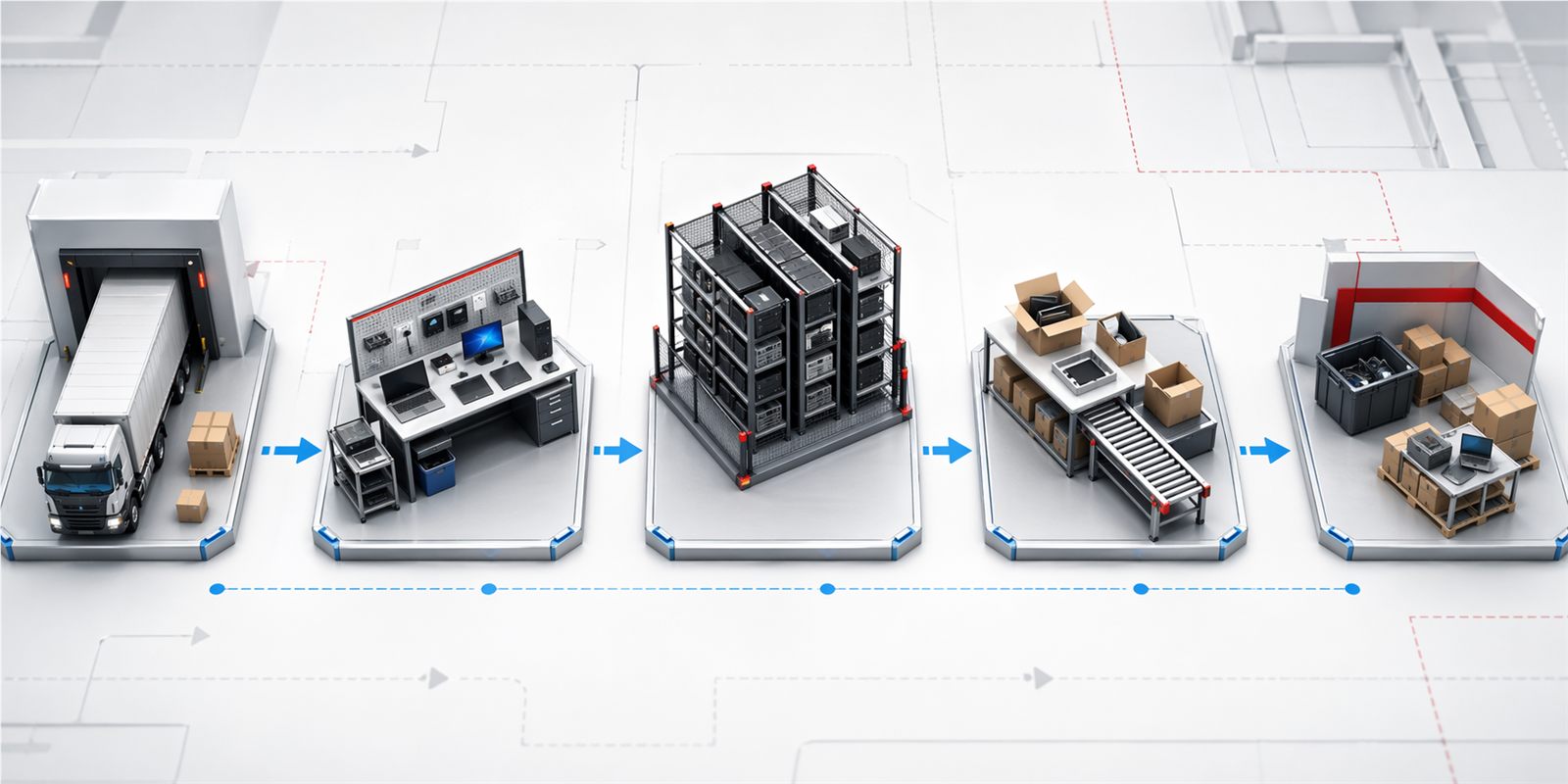 Isometric visual process flow for warehouse logistics